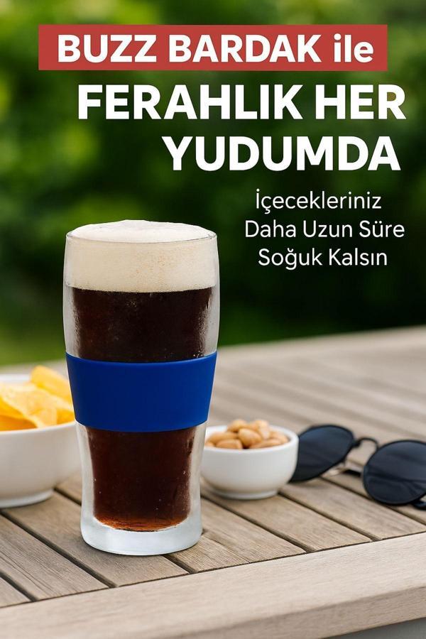 BUZZ BARDAK – 470 ML Aktif Jel Soğutmalı Cam Bardak | Silikon Tutuş Bantlı - Image 1
