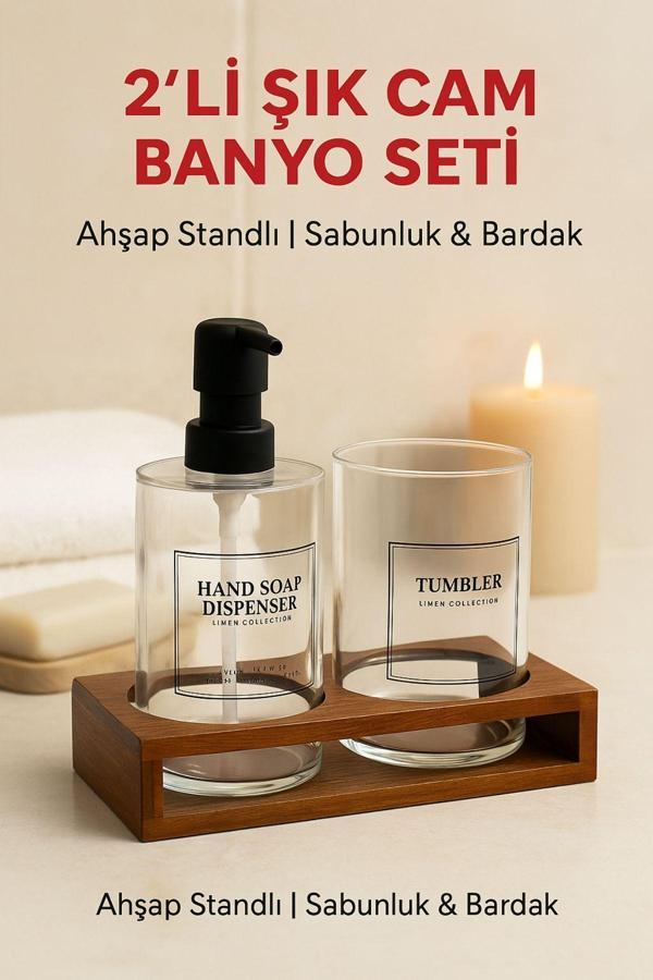 2’li Cam Ahşap Standlı Banyo Seti – Sabunluk ve Bardak – 430 ml – Modern Şık Tasarım - Image 1