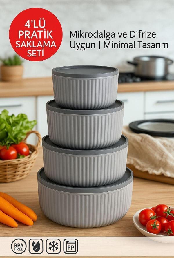 4'lü Kapaklı Gıda Saklama Kabı Seti – Mikrodalga ve Difrize Uygun - Image 1