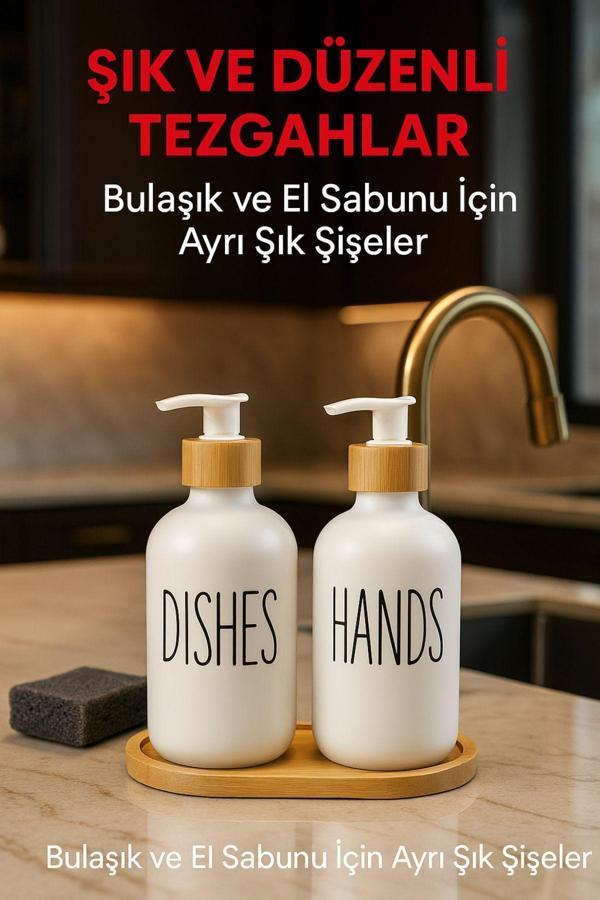 2’li Sabunluk Seti Bambu Kapaklı Çok Amaçlı Sıvı Sabun ve Deterjan Şişesi 500 ml - Image 1