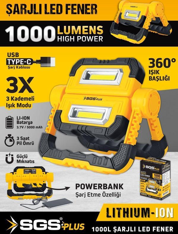 Sgs Plus Sgs5057 Katlanabilir Şarjlı Led Fener 1000 Lumen 3.7 Volt Mıknatıslı - Image 1
