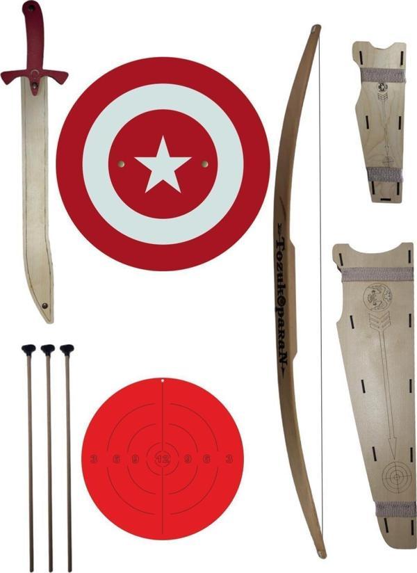 Ahtek Ahşap Oyuncak Silah Seti, Doğal Ahşap Ok Yay + Kalkan + Kılıç + Yay Kını + Sadak + Hedef - Image 1