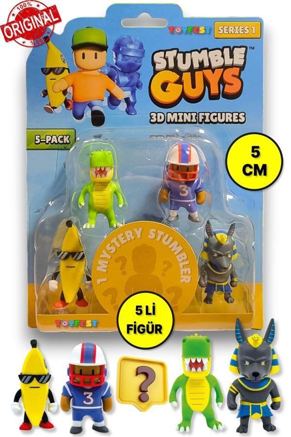 Stumble Guys Seri 1 - 3D Mini 1 i Sürpriz olan 5 li Figür Seti - T-rex Quarterback Banana Guy Anubis - Image 1