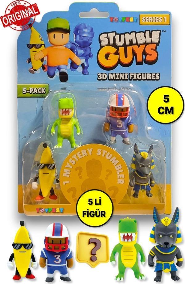 Stumble Guys Seri 1 - 3D Mini 1 i Sürpriz olan 5 li Figür Seti - T-rex Quarterback Banana Guy Anubis - Image 1