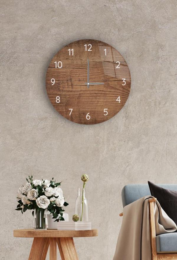 Çap 27 cm Koyu Ahşap Dekoratif Cam Saat - Image 1