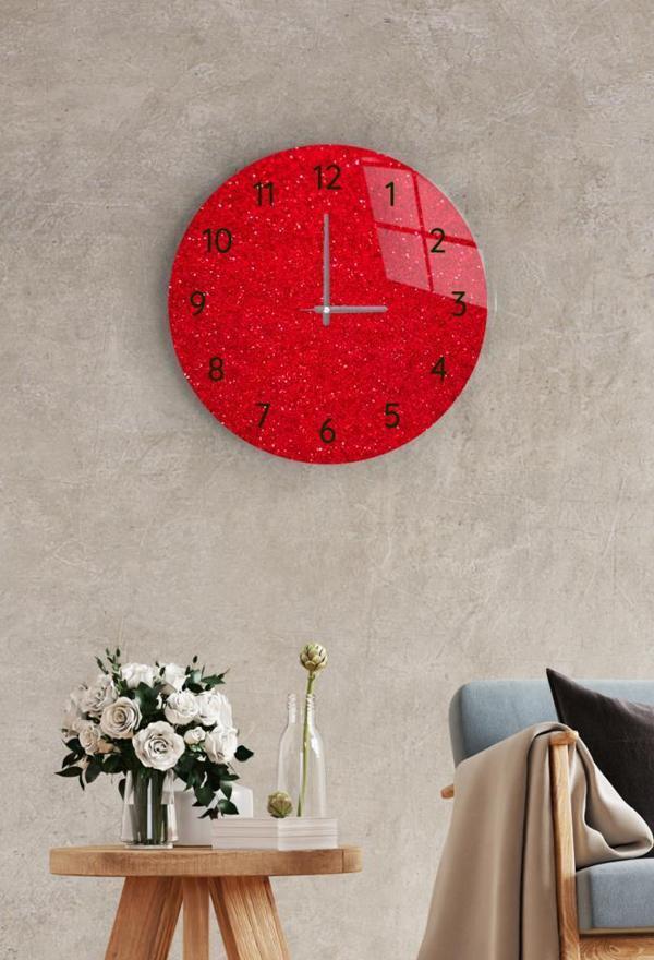 Çap 37 cm Kırmızı Parıltı Dekoratif Cam Duvar Saati - Image 1