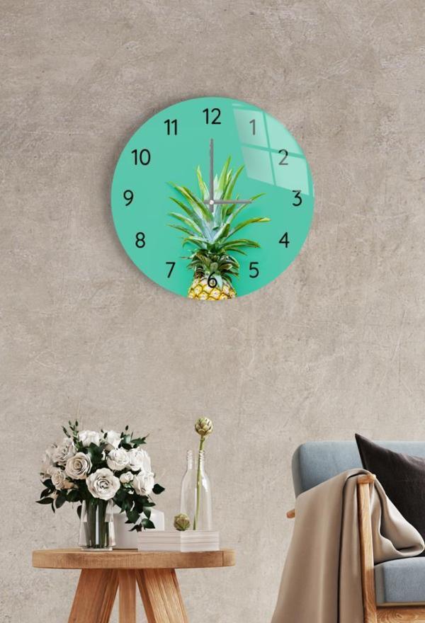 Çap 37 cm Yeşil Ananas Dekoratif Cam Duvar Saati - Image 1