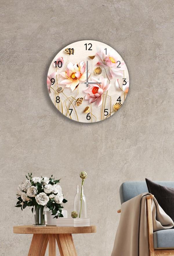 Çap 37 cm Ballı Çiçekler Dekoratif Cam Saat - Image 1