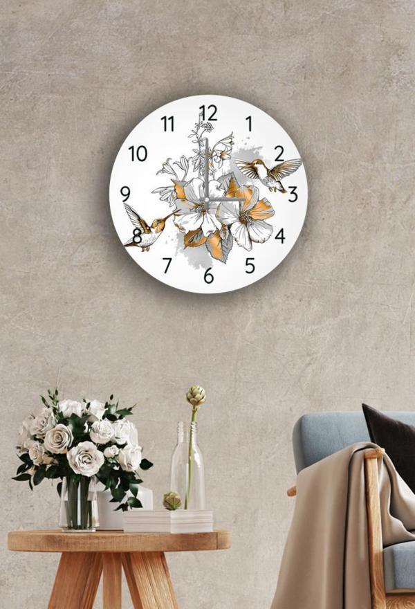 Çap 37 cm Altın Kuş Dekoratif Cam Saat - Image 1