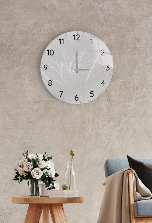 Çap 37 cm Gümüş Yapraklar Dekoratif Cam Saat - Image 1