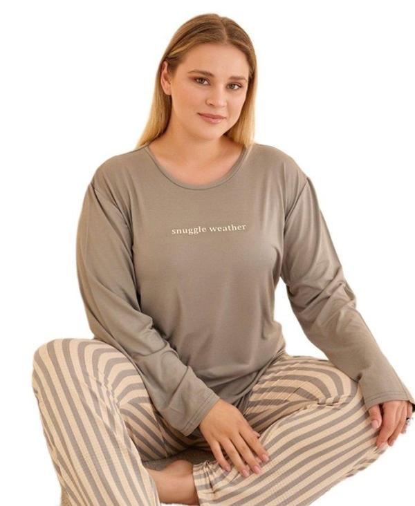 AURORA %100 Pamuklu Kadın Büyük Beden Pijama Takımı  Uzun Kollu Rahat ve Doğal Kumaş 3XL-5XL - Image 1