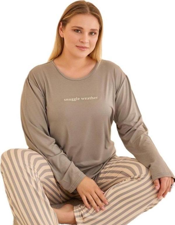 AURORA %100 Pamuklu Kadın Büyük Beden Pijama Takımı  Uzun Kollu Rahat ve Doğal Kumaş 3XL-5XL - Image 1