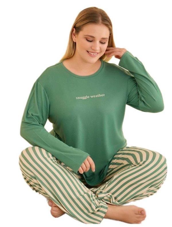 %100 Pamuklu Büyük Beden Kadın Pijama Takımı BELLINA Uzun Kollu Rahat Kalıp  3XL-5XL - Image 1