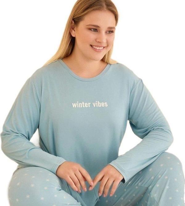 FIORA %100 Pamuklu Büyük Beden Kadın Pijama Takımı Uzun Kollu Doğal Kumaş Yumuşak Doku  3XL-5XL - Image 1