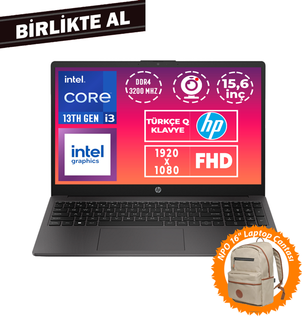 HP 250 G10 i3-1315U 12GB 512GB SSD 15.6" FHD Freedos + Çanta B2NC3ES 016 - Image 1