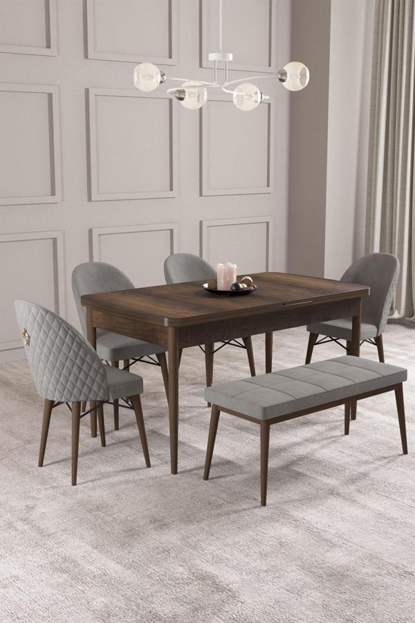 Calvin Barok 80x132 Açılabilir Mdf Masa Yemek Odası Takımı, Mutfak Takımı 4 Sandalye, 1 Bench - Image 1