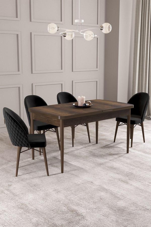 Calvin Barok Desen 80x132 Açılabilir Mdf Masa Yemek Odası Takımı, Mutfak Takımı 4 Adet Sandalye - Image 1