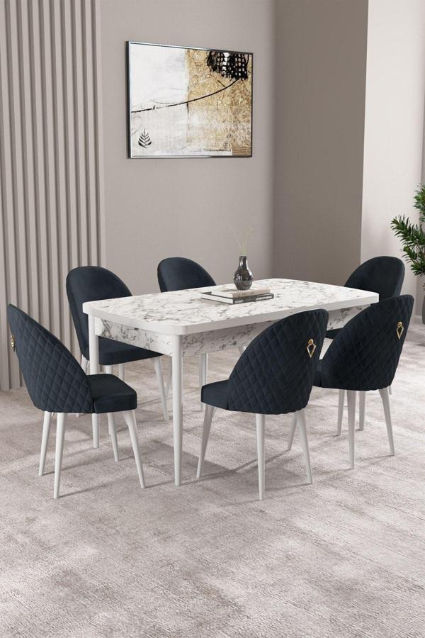 Milas Beyaz Mermer Desen 80x132 Açılabilir Mdf Masa Yemek Odası Takımı, Mutfak Takımı 6 Sandalye - Image 1