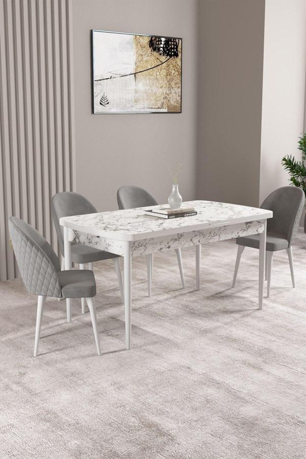 Milas Beyaz Mermer Desen 80x132 Açılabilir Mdf Masa Yemek Odası Takımı, Mutfak Takımı 4 Sandalye - Image 1