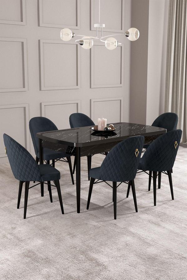 ​​​​​​​Calvin Siyah Mermer Desen 80x132 Açılabilir Mdf Masa Yemek Odası Takımı, Mutfak Takımı 6 Adet - Image 1