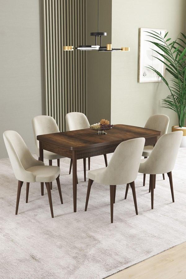 Ikon Barok Desen 80x132 Açılabilir Mdf Masa Yemek Odası Takımı, Mutfak Takımı 6 Adet Sandalye - Image 1