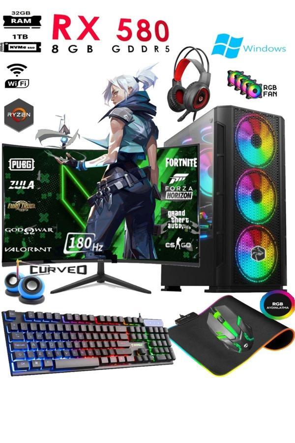 Apphirex Tc80X Ryzen 5 5500 32Gb 1Tb M.2 Nvme Ssd Rx580 8Gb 24'' 180Hz Curved Oyuncu Masaüstü Bilgisayarı - Image 1