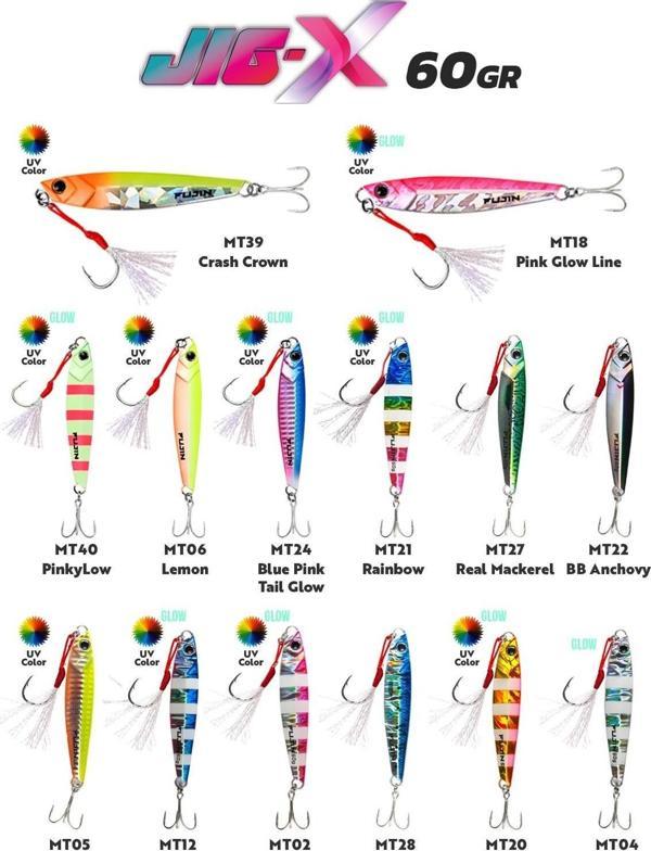 Fujin Jig-X 60gr Shore Jigging Jig Yem MT24 Blue Pink Tail Glow - Image 1