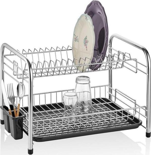 Metal Bulaşıklık Tabaklık Bulaşık Kurutma Sepeti Gümüş 2 Katlı Kurutmalık - Image 1