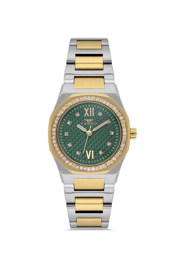 Ferro FL21616AWT-D6 Quartz Çelik Altın/Gri Yeşil Kadran 27 mm Kadın Kol Saati - Image 1