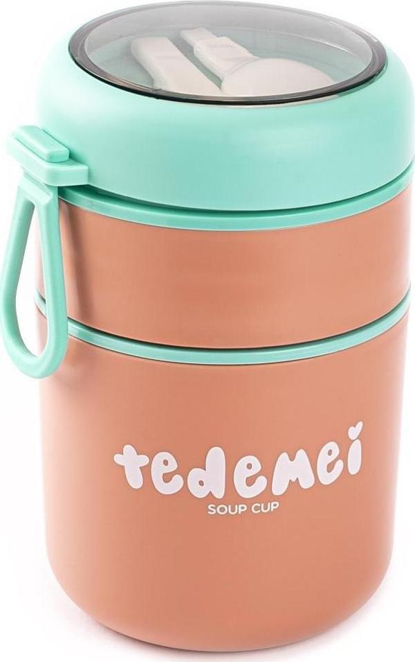 Tantitoni Paslanmaz Çelik Yuvarlak 2 Katlı Pembe-yeşil Plastik Kaşıklı Yemek Taşıma Kabı 710ml - Image 1
