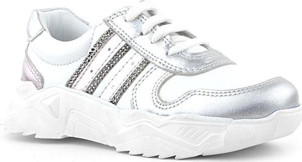 Rakerplus Hakiki Deri Gümüş Pembe Parlak Taşlı Kız Çocuk Sneakers Ayakkabı - Image 1
