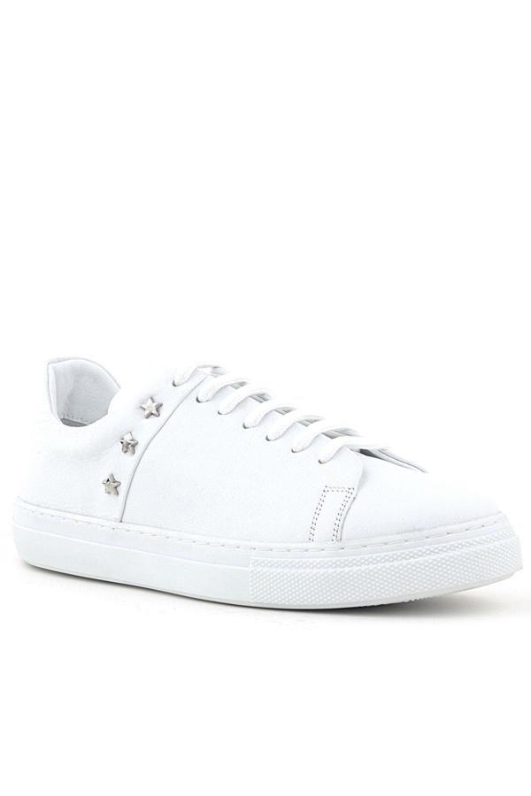 Hakiki Deri Kadın Beyaz Bağcıklı Yıldızlı Sneaker Ayakkabı - Image 1