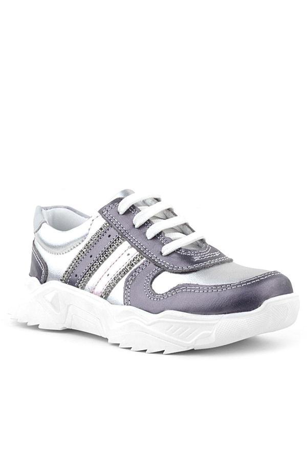 Rakerplus Hakiki Deri Platin Pembe Parlak Taşlı Kız Çocuk Sneakers Ayakkabı - Image 1