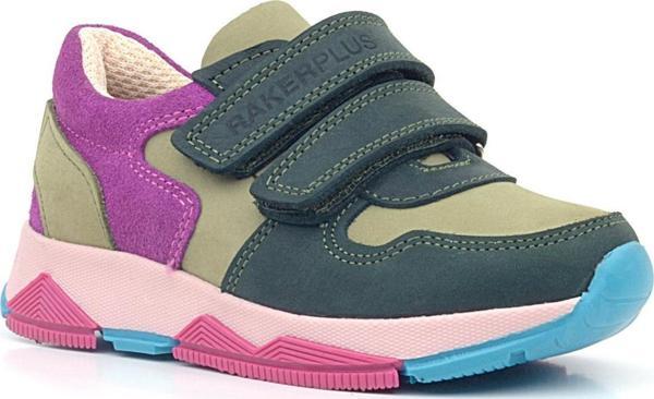 Rakerplus Hakiki Deri Haki Yeşil Fuşya Çocuk Cırtlı Sneakers Spor Ayakkabı - Image 1