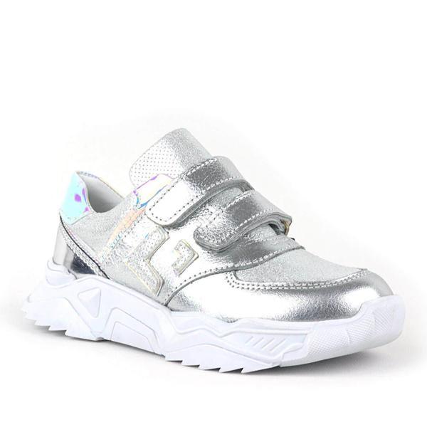 Rakerplus Hakiki Deri Gümüş Renl Cırtlı Kız Çocuk Sneaker Ayakkabı - Image 1