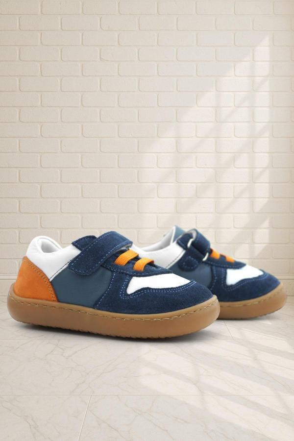 Rakerplus Bob Hakiki Deri Lacivert Beyaz Barefoot Cırtlı Lastikli Bebek Sneaker Ayakkabı - Image 1