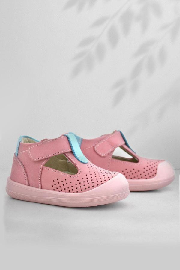 Rakerplus Shaun Hakiki Deri Pembe Mavi Cırtlı Anatomik Bebek Sandalet - Image 1