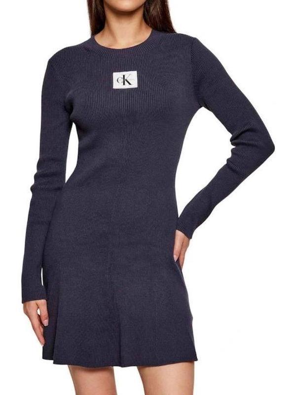Calvin Klein Jeans Kadın Uzun Kollu Kloş Mini Mavi Elbise LV047D307G-VEK - Image 1