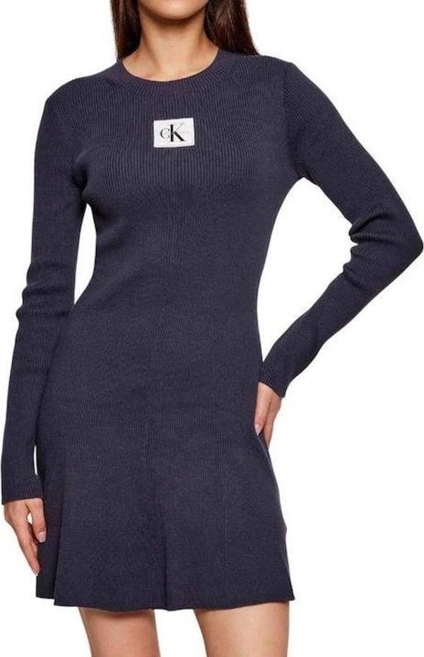 Calvin Klein Jeans Kadın Uzun Kollu Kloş Mini Mavi Elbise LV047D307G-VEK - Image 1