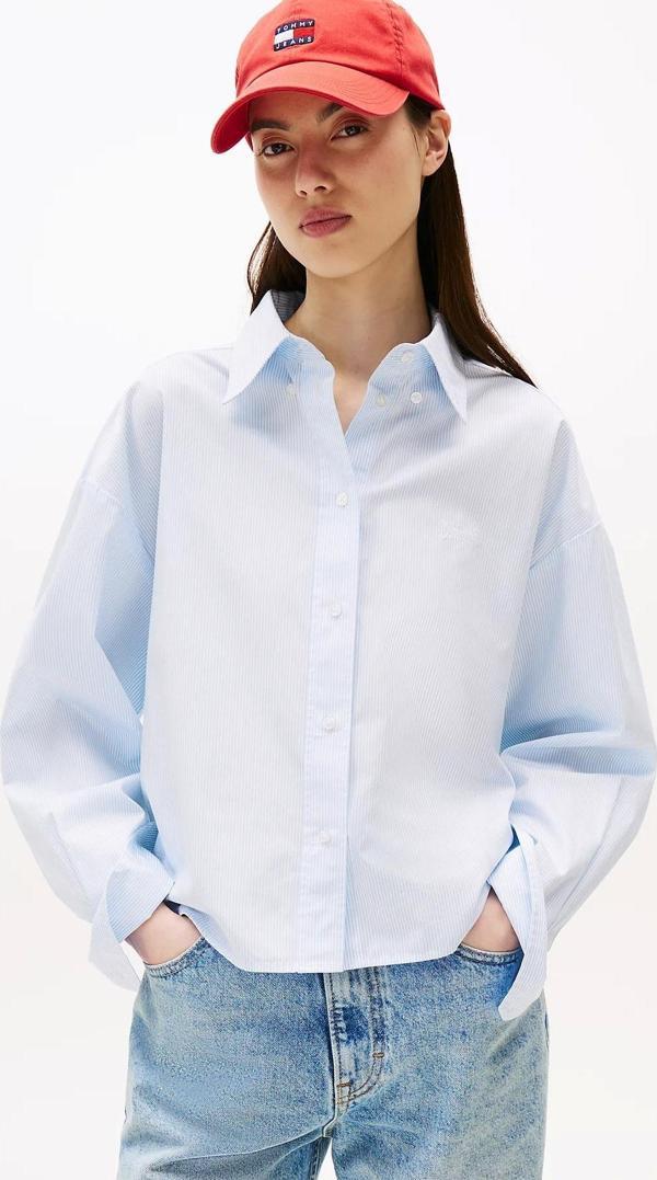 Tommy Jeans Kadın Çizgili Kısa Poplin Mavi Gömlek DW0DW214000BC - Image 1