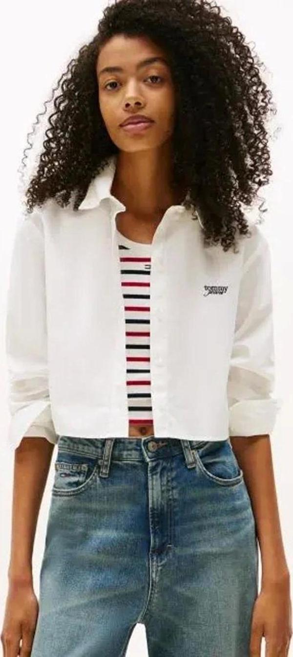 Tommy Jeans Kadın Çizgili Kısa Poplin Beyaz Gömlek DW0DW21400YBL - Image 1