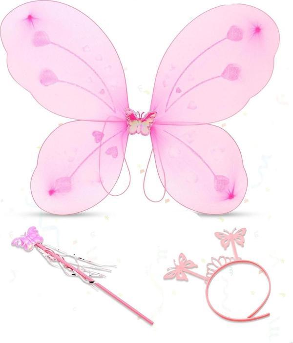 Toz Pembe Renk Kelebek Kanadı Tacı ve Sopası 50x37 cm - Image 1