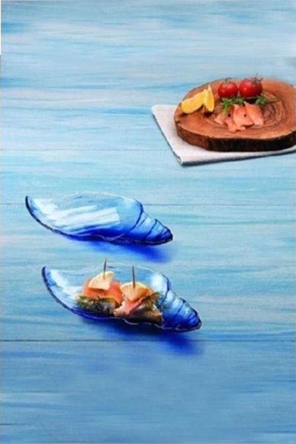Cam 2'li Marine Batik Mavi Servis Tabağı Meze & Sunum Kabı Kayığı Lokumluk - Image 1