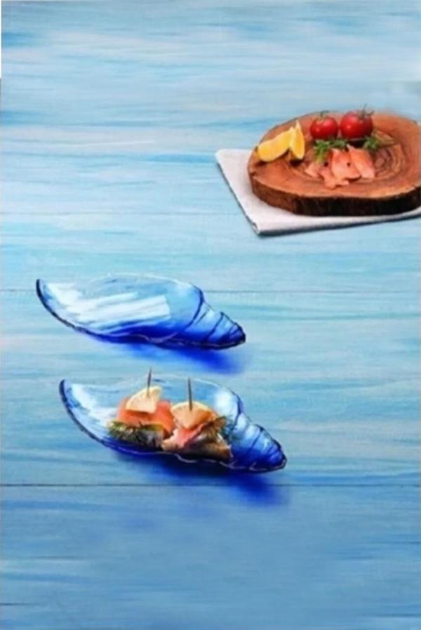 Cam 2'li Marine Batik Mavi Servis Tabağı Meze & Sunum Kabı Kayığı Lokumluk - Image 1