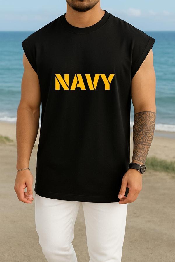 Oversize Navy  Donanma Yazısı Göğüs Tasarımlı Atlet - Image 1