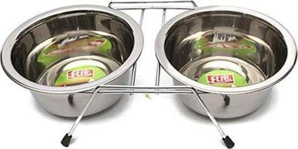 Flip Paslanmaz Çelik İkili Kedi ve Küçük Irk Köpek Mama ve Su Kabı 2x475 Ml - Image 1