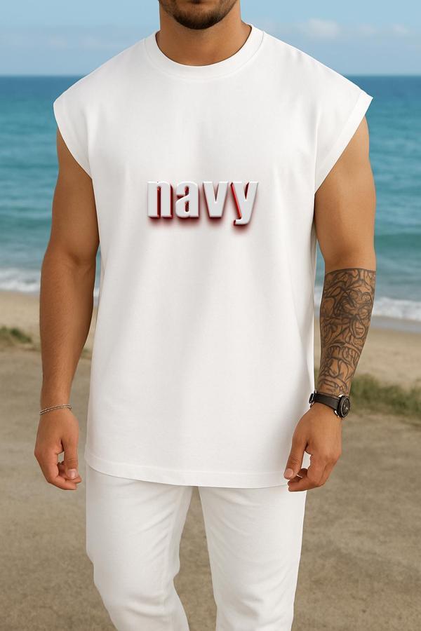 Oversize Navy Yazısı Kırmızı Beyaz Göğüs Tasarımlı Atlet - Image 1