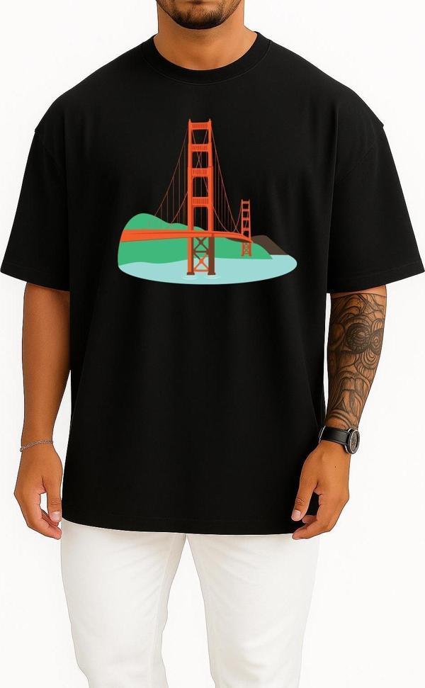 Oversize Golden Gate Köprüsü, San Francisco Göğüs Tasarımlı Unisex T-Shirt - Image 1