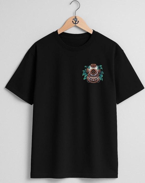 Oversize Dalgıç Diving Helmet With Plant İllustration Cep ve Sırt Tasarımlı Unisex T-Shirt - Image 1
