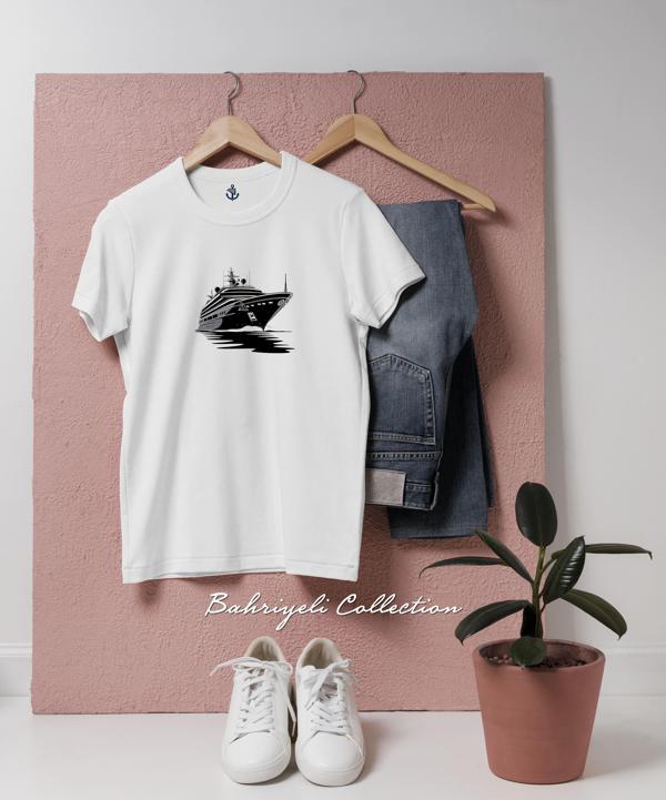 Oversize Vektör Çizim Yolcu Gemisi Büyük Tasarımlı Unisex T-Shirt - Image 1